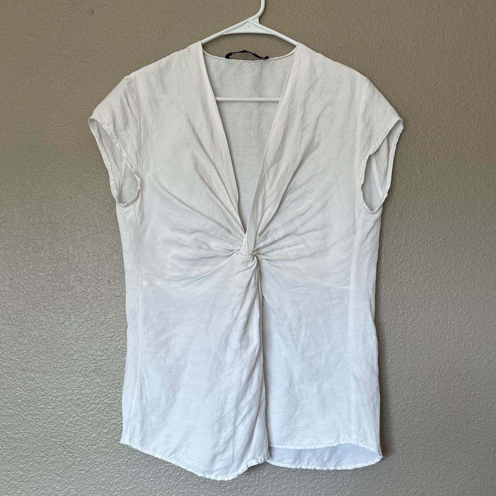 Zara Woman White Twist Knot Front Cap Sleeve Blouse